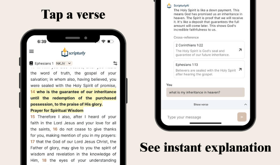 Scripturly app showing tap a verse and instant explanation features